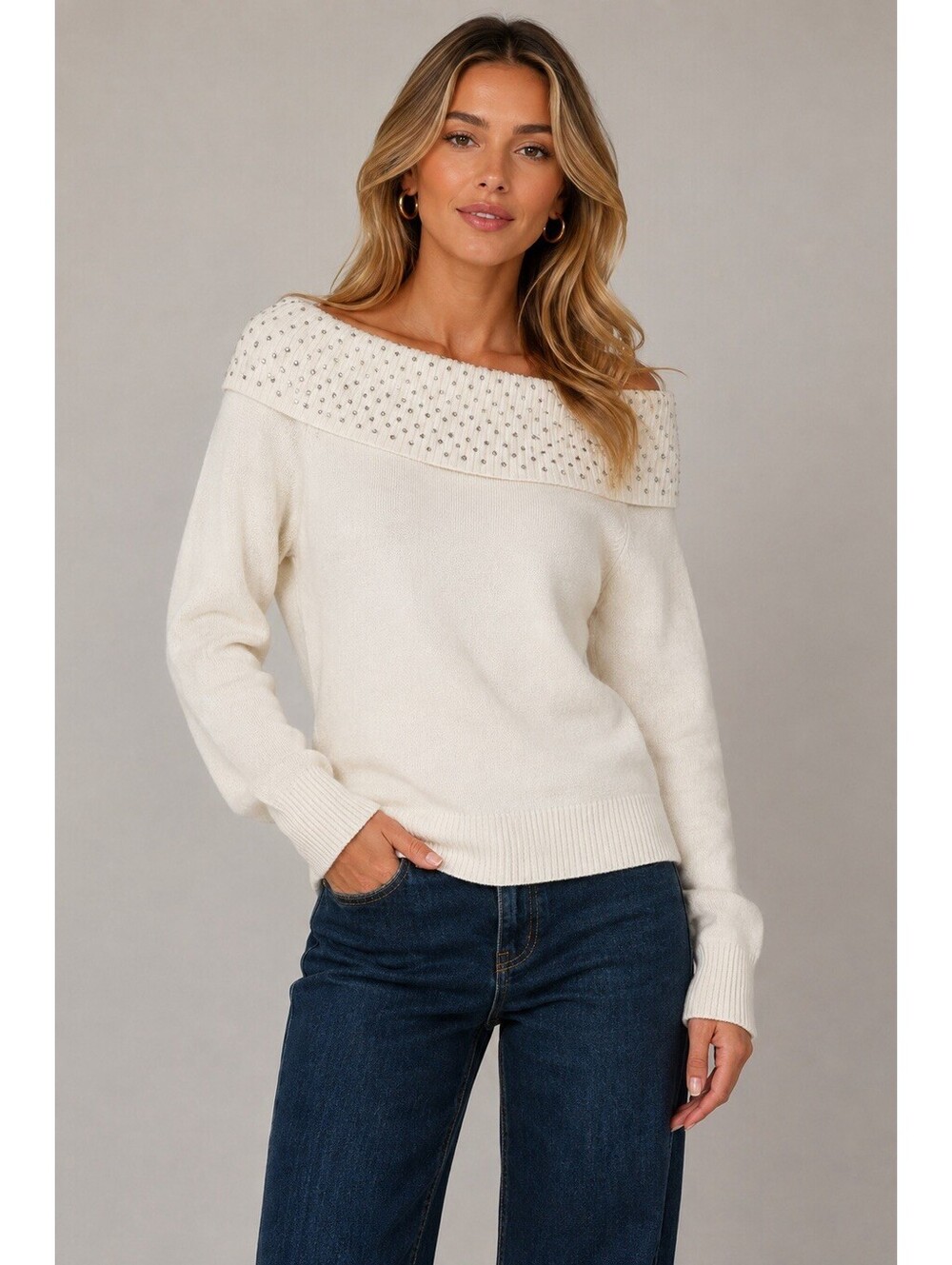 ChicLink Women’s Off The Shoulder Holiday White Ringstone Necklace Sweater